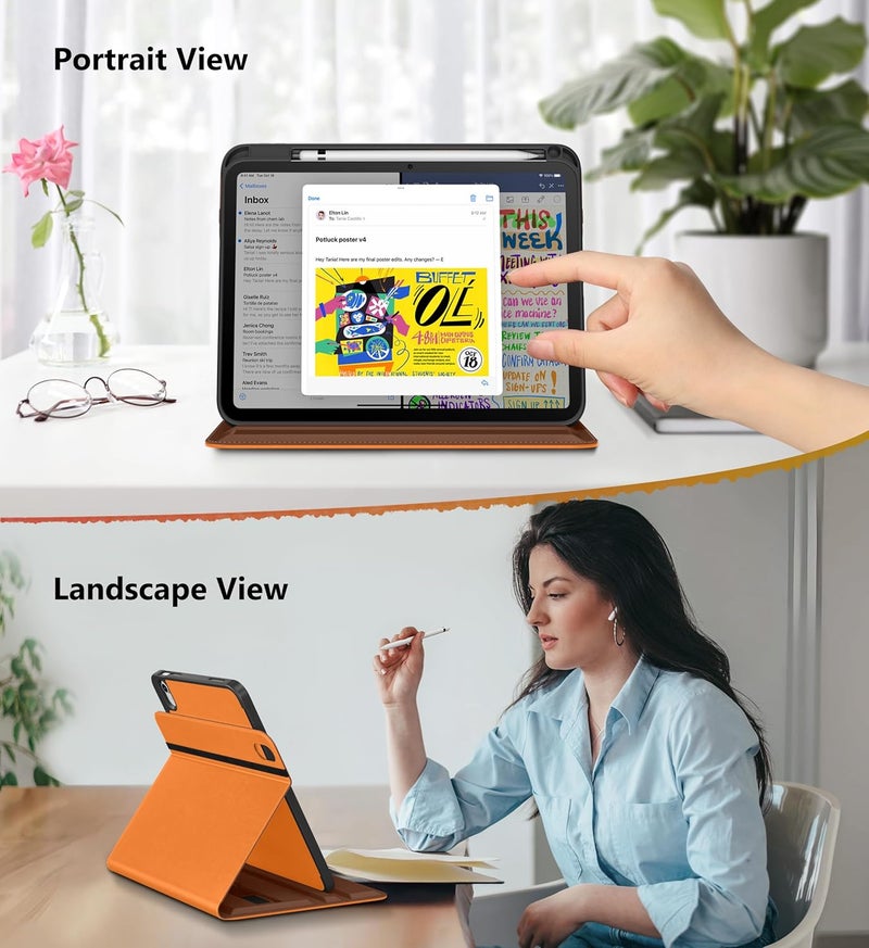 DTTO for iPad A16 Case, iPad 11th / 10th Generation Case (2025/2022), 360 Degree Rotating Premium Leather Folio Stand Cover with Pencil Holder, New Orange - Image 3